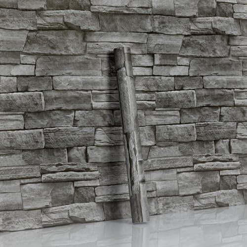 Hode Grey Brick Wallpaper 44x300cm, Grey Vinyl Wrap Stone Effect Self Adhesive Wallpaper for Living Room, Kitchen, Bedroom, Restaurant Wall Vinyl Covering Contact Paper