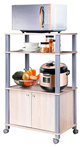 KOMFOTTEU Carrello da Cucina a 3 Livelli per Microonde, Carrello Portaoggetti con Ruote e Armadio con Porta, Carrello di Servizio in Legno, Organizer per Sala da Pranzo, 60 x 40 x 98 cm (Naturale)