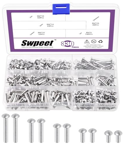 Swpeet Lot de 330 rivets à tête brasero M4 × 6 mm, 10 mm, 14 mm, 20 mm, 25 mm, en aluminium massif, finition unie, tête universelle, haute résistance à la corrosion pour réparation de bateaux, avions,