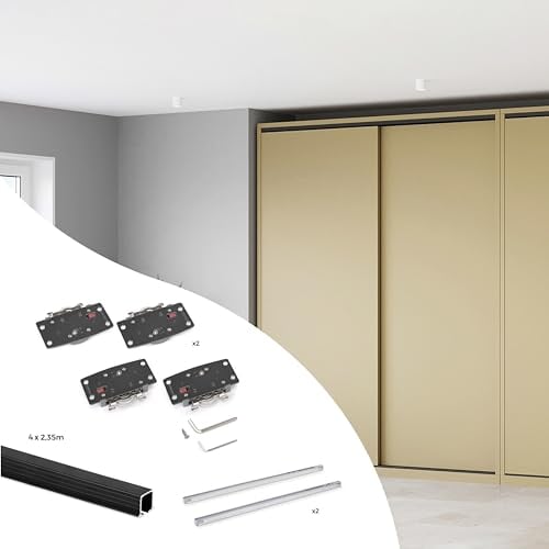 Emuca - Kit de ferrures pour Flow2 2 portes coulissantes et à fermeture souple avec rails encastrés 2,35m, panneaux non inclus, Peint en Noir