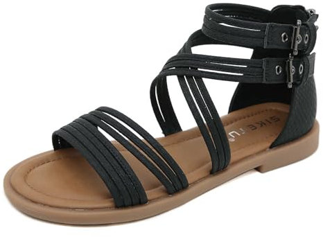 Damen Flache Sandalen Sommer Strandschuhe Geflochtene Römische Sandalen Kleid Sandalen Riemchen Freizeitsandalen Für Frauen gr.35-42 (39,Schwarz)