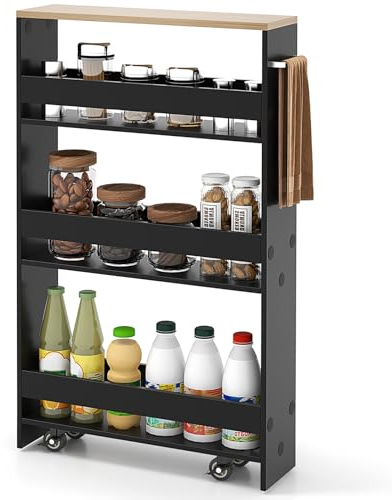 COSTWAY Nischenwagen 13cm breit, 4 Etagen Küchenwagen schmal, Nischenregal auf Rollen, Servierwagen mit Griff & Geländern, Badregal Holz, für Küche, Badezimmer, 47,5x13x80,5cm (Schwarz+Natur)