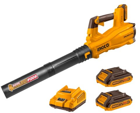 INGCO 20V Lithium-Ion Brushless Leaf Blower, Max. 144km/h Air Speed, 18500RPM with 2Pcs 2.0Ah Battery And 1Pcs Charger for Dust, Snow Debris,Yard CABLI204282