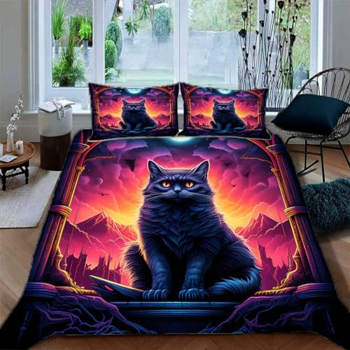 Ruiqieor Bettwäsche 155x220cm,Heiligtum Schwarze Katze Motiv Bettwäsche Set, Flauschig Weich Bettbezüge Set,1 Bettbezug und 2 Kissenbezug 80x80 cm,3D Druck Cat Tier Muster（#1）