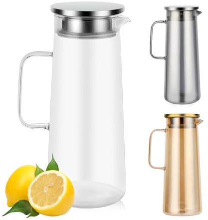 Auauraintt Caraffa in vetro con coperchio, 1,5 litri caraffa in vetro con coperchio in acciaio inossidabile, vetro borosilicato resistente al calore, per limonata, acqua, tè e succhi (Trasparente)