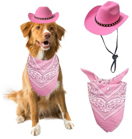 AWOCAN Cowboyhut für Hunde und Katzen mit Bandana-Schal, Mini-Haustierkostüm für Urlaub, Halloween, Party-Dekoration (Rosa, Größe L)