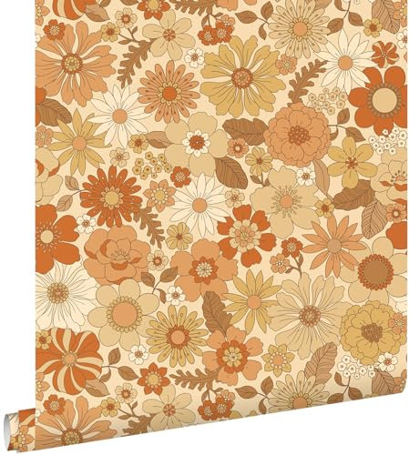 papier peint fleurs rétro orange 0.53 x 10.05 m - ESTAhome