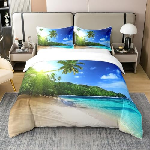 Loussiesd Hawaiian Strand Bettwäsche Set 155x220cm 100% Baumwolle Ozean Meer Bedrucktes Bettbezug Set für Kinder Palm Tree Drucken Betten Set Sommerferien Urlaub 2St. Mit 1 Kissenbezug