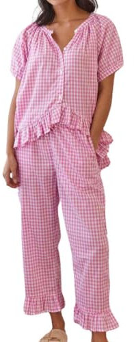 codcm Damen-Pyjama-Set mit Vichy-Muster, 2-teilig, kurzärmelig, Babydoll-Shirt und Hose, Lounge-Set, süße Nachtwäsche, rose, M
