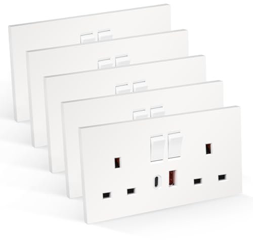 CNBINGO Double Switched Socket with 20W PD USB C and A Fast Charging Ports, Electric Power Sockets 2 Gang 13 Amp, White PC Plate Wall Outlet, 5 Pack