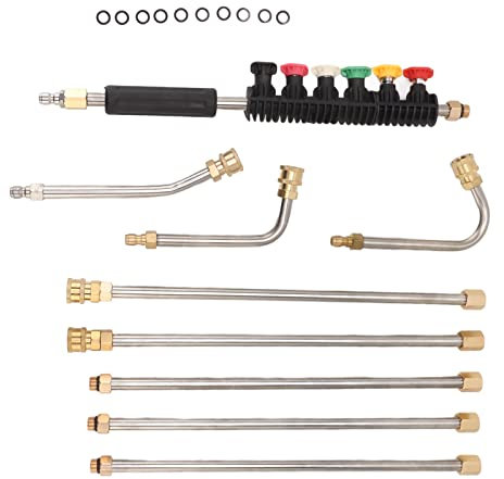 Professional Pressure Washer Extension Bar - 5 Straight Bars, 3 Curved Bars - Premium Stainless Steel - Includes 6 Nozzles and 10 Accessories - Ideal for Hard to Corners