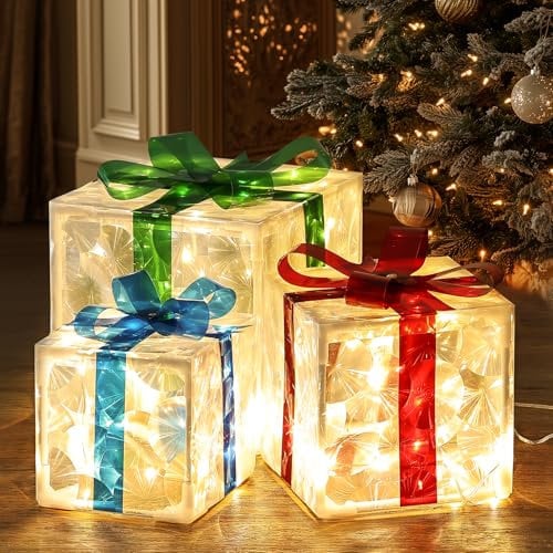 FWLWTWSS Light Up Present Boxes Christmas - 60 LEDs Decorations Parcels Lights With 8 Modes, Ornament With Bow, Set of 3 Xmas Light Under Tree Luminous Outdoor Decorative Gift
