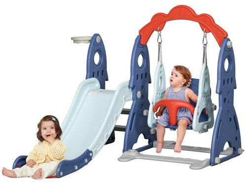AIYAPLAY Ensemble Toboggan et balançoire pour Enfants 3 en 1 avec Panier de Basket, Aire de Jeux réglable, 155L x 136l x 114H cm Bleu