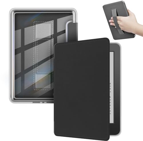 Custodia ERUNTO per Kindle Paperwhite 6,8 e Signature – Retro acrilico trasparente, chiusura magnetica con laccetto, accensione/spegnimento automatico(svart)