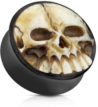 beyoutifulthings Ohr-Plug 3D Knochen-Schädel Büffel-Horn Braun Ohr-Piercing Ohr-Schmuck Tunnel Double Flare Sattel-Verschluss 25mm