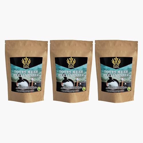 HAF® Premium Totes Meer Peelingsalz für empfindliche & trockene Haut | 1-25 kg | Salz Peeling 100% naturrein aus Jordanien für Gesicht & Körper | Körperpeeling für Sauna, Dusche (3 x 1 kg Beutel)