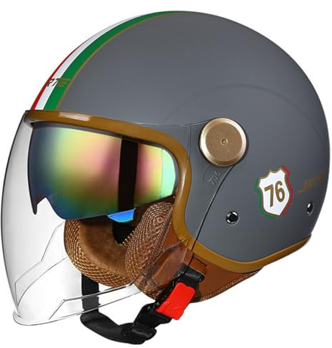 Vintage in Stile Tedesco Casco Moto Jet,Omologato ECE,Moto Scooter Ciclomotore Demi Caschi Aperto per Adulto Uomo Donna,Casco Jet Moto(T,L=59-60cm)