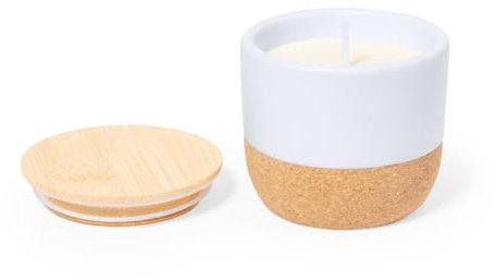 Bougie parfumée en lin dans un pot en céramique avec base en liège naturel et couvercle en bambou.