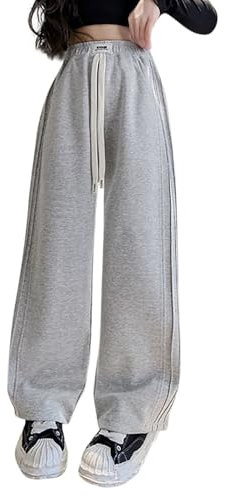 Pantalon Droit Fille Taille élastique 3-14 Ans Pantalon Jambe Large Ado Fille Hiver Ample Rayures Mignon Confortable Casual Sport Jogging Vacances Streetwear (Grey, 13-14 Years)