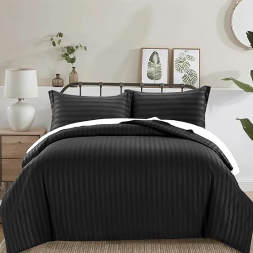 PRIME LINENS 4 Piece Duvet Cover Set Stripes Satin Quilt Cover Bedding Set with Pillowcase and Extra Fitted Sheet Included Machine Wash Hotel Quality (Black, King)