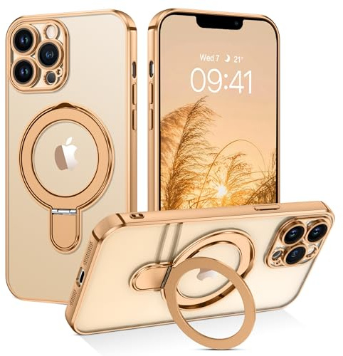 GUAGUA for iPhone 12 Pro Max Case with Stand, Magnetic Clear Case Plating Edge Invisible Foldable Ring Holder Slim Shockproof Full Body Protective Kickstand Case for iPhone 12 Pro Max 6.7 inch, Gold