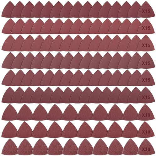 120 Pieces Sandpaper Triangle Sanding Pads Hook and Loop Assorted Grits10x (40/60/80) 15x (120/150/180/240/320/400) for 3-1/8 Inch Oscillating Multi Tool, No Holes