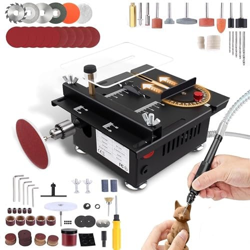 Mini scie circulaire de table 100 W multifonctionnelle portable précision DIY mini scie circulaire de table avec 4 lames, 7 vitesses réglables, pour l'artisanat du bois fait à la main
