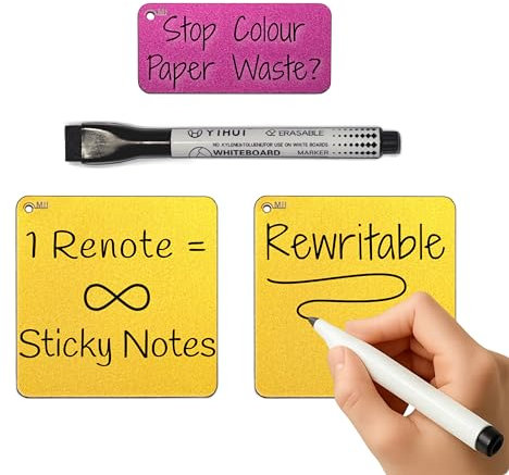 RENOTE | World's 1st Reusable Metal Sticky Notes, Recyclable, Removable, Super Sticky, Durable, Colourful Colours Yellow, Pink. 2 Sizes: S, M for Office, Fridge, Home & School Use.