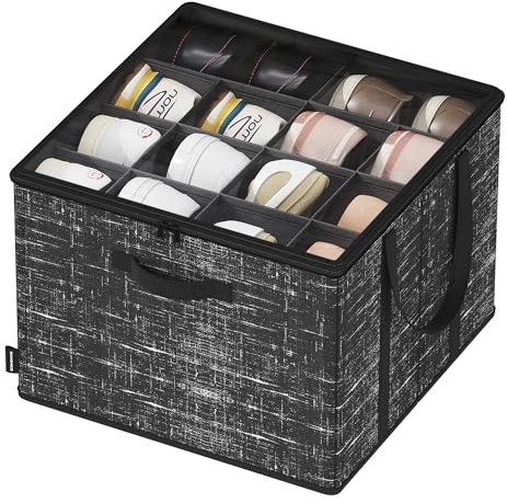 SONGMICS Shoe Organiser for Closet, Fits 16 Pairs, Shoe Storage Bin, Fabric Shoe Box Container with Handles and Clear Cover, for Bedroom, Entryway, Wardrobe, Ink Black LSP601B01