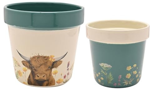 Country Living - Juego de 2 macetas para plantas, bonita maceta para jardín, casa, sala de estar, oficina, regalo pequeño para jardinería interior y exterior, 12 cm x 11 cm (crema/azul, vaca de las