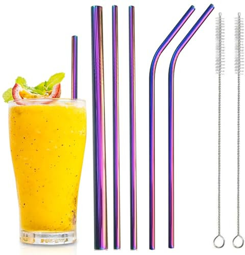 Set of 5 Reusable Metal Drinking Straws(3 Straight + 2 Bent + 2 Cleaners), 8.5’’ Long Stainless Steel Straw with Cleaning Brush,Party Summer Use Birthday Smoothie Milk Shake Water Juice (Rainbow)