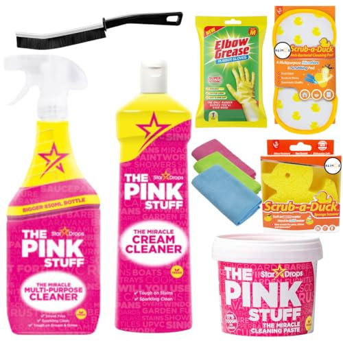 The Pink Stuff Cleaning Bundle – Cream Cleaner 500ml, Multi-Purpose Spray 850ml, Paste 850g + Microfibre Cloths, Alimos Crevice Brush, Sponge, Gloves & Antibacterial Pad