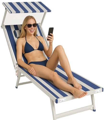 BAKAJI Lettino Prendisole Pieghevole da Mare con Tettuccio Parasole e Cuscino Poggiatesta Sdraio Stabilimento Piscina Spiaggia Professionale in Alluminio e Textilene 180 x 60 x 40 cm (Strisce Blu)