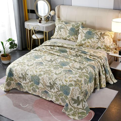 USTIDE Botanical Quilted Bedspread Farmhouse Green Leaves Reversible Quilt Cover Set Cozy Cotton Bedding 3 Pieces King Size Bedding Coverlet for All Seasons