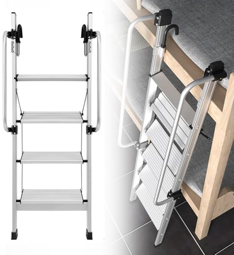 Heavy Duty Metal Bunk Bed Ladder - 4 Step Foldable Aluminium Ladder with Handrail and Hooks for Dorm Loft and Camper Use