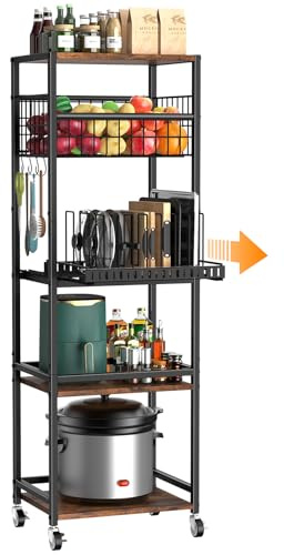 Housolution 5-Stufiger Küchen-Rollwagen, Aufbewahrungswagen mit Metall-Obst-Gemüsekorb und Ausziehbarem Topfdeckel Schneidebrett-Organizer, Aufbewahrungsregal mit Holzplatte für Küche, Speisekammer