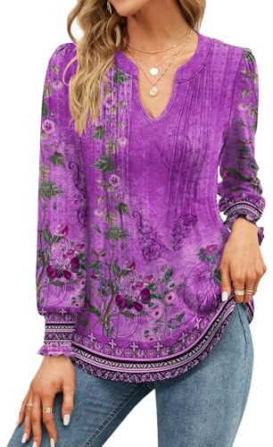 EFFAN Womens Tops V Neck Long Sleeve Ladies Blouse Elegant Floaty Floral Printed the Holiday Shirt Party Tunic, Purple S (UK 8-10)