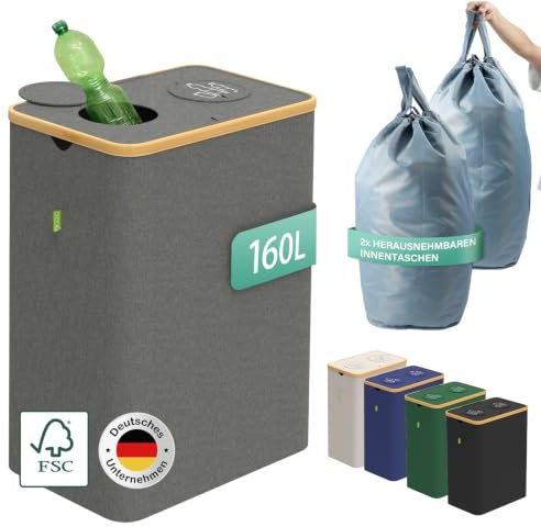 Glücksklee Pfandflaschen Sammelbehälter 160L mit zwei Fächern und FSC-zertifiziertem Bambus (Grau)
