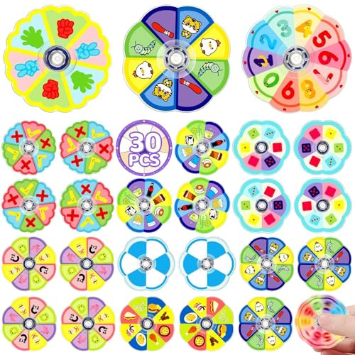 SCIONE 30er Pack Mini Fidget Spinner für Mitgebsel Kindergeburtstag – Pädagogische Spielpreise mit Insekten, Tier, Zahlen & Lebensmittel-Designs, Leise Sensory Fidget Toys für Kinder Schule (5 cm)