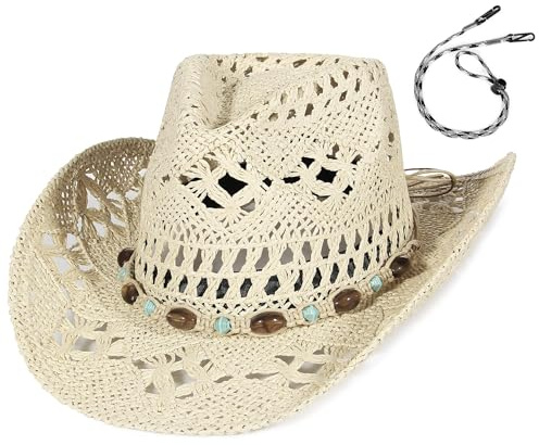 EOZY Men & Women's Summer Cowboy Cowgirl Straw Hat Hollow Out Style Roll Up Brim Beach Sun Hat for Ladies
