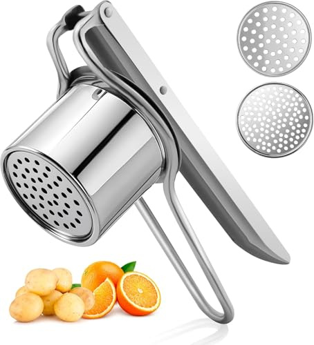 ISHOM Potato Ricer Masher - Large - 15oz Heavy Duty Stainless Steel for Fluffy Mashed Potatoes with 2 Interchangeable Inserts