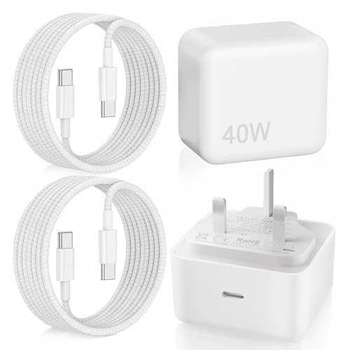 40w USB C Charger for iPhone 17/16/15, 2pack UK Plug Adapter and 1.8M Cable for iPhone 17 Pro/17 Pro Max/Air/16 15 Pro Max/S25 Ultra/S24/S23, ipad and Other USB-C Charging Devices(white)