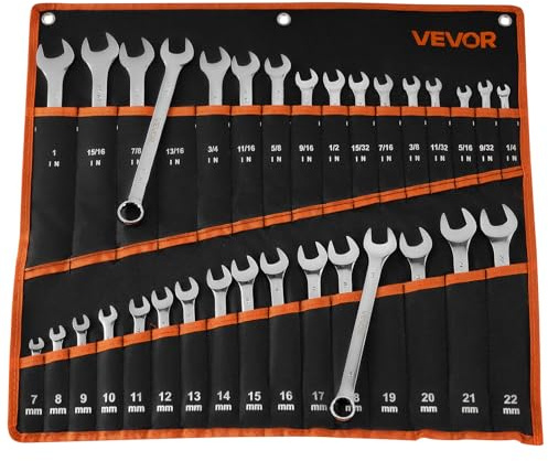 VEVOR Set di Chiavi Combinate a Cricchetto 32 Pezzi, Chiavi a Cricchetto Metriche e SAE, Profilo a 12 Punti e Bocca Angolata a 15°, in Acciaio al Carbonio, con Custodia Arrotolabile, Finitura Argento