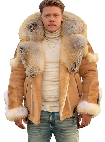 Herren Kunstleder Sherpa Jacke, Wintermantel, warm und dick, mit großem Pelzkragen, lange Ärmel, Leder Oberbekleidung