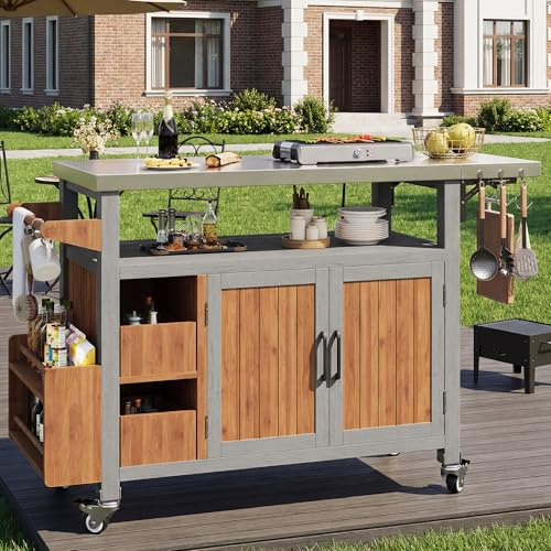 BEJUDYTT BBQ Beistelltisch, Beweglicher Gartenschrank, wetterfest, Arbeitsplatte aus Edelstahl, Grillwagen, Servierwagen mit ausziehbarer Seitenablage, 3 Haken, Regal für Snacks und Gewürze