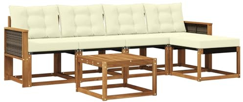 vidaXL Outdoor-Sofagarnitur mit Kissen 6 pcs Natur und Creme, Gartenmöbel, modernes Outdoor-Sofa, modulare Sitzgruppe für Terrasse und Lounge, langlebig und bequem