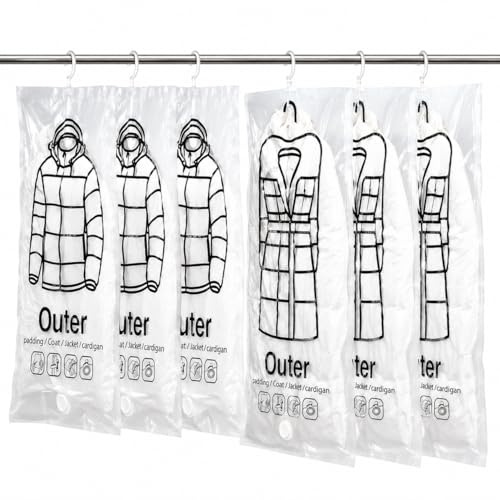 6 Stück Hängende Vakuumbeutel für Kleidung – 3x 67x90 cm + 3x 67x110 cm – Extra Dickes PA+PE Material, Doppelte Reißverschluss-Dichtung, 360° Haken – Platzsparend