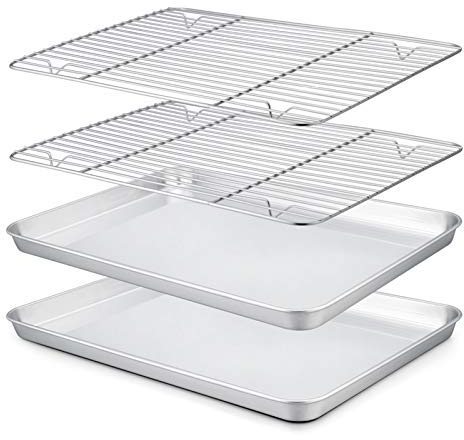 Baking Tray with Rack Set of 4, Stainless Steel Baking Sheet Pan with Cooling Rack, Non Toxic & Healthy, 40x 30x 2.5 cm, Mirror Finish - Easy Clean & Dishwasher Safe - 4 Pack(2 Trays+2 Racks)