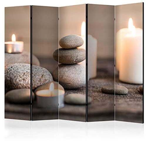 decomonkey Paravent Raumteiler Innen Zen Spa 225x172 cm 5 Teilig Einseitig Room Divider Wall Raumteiler Stehend Trennwand Sichtschutz Spanische Wand Sichtschutzwand Wohnzimmer Holz Orient Stein