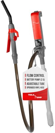 TERA PUMP Fuel Transfer Pump w/Quick Flow Control Nozzle & Telescopic Tube - 3X Powerful D Battery Powered, 39 Vinyl Discharge Hose, Portable Battery Pump For Gas, Diesel, Water (2.6 GPM)